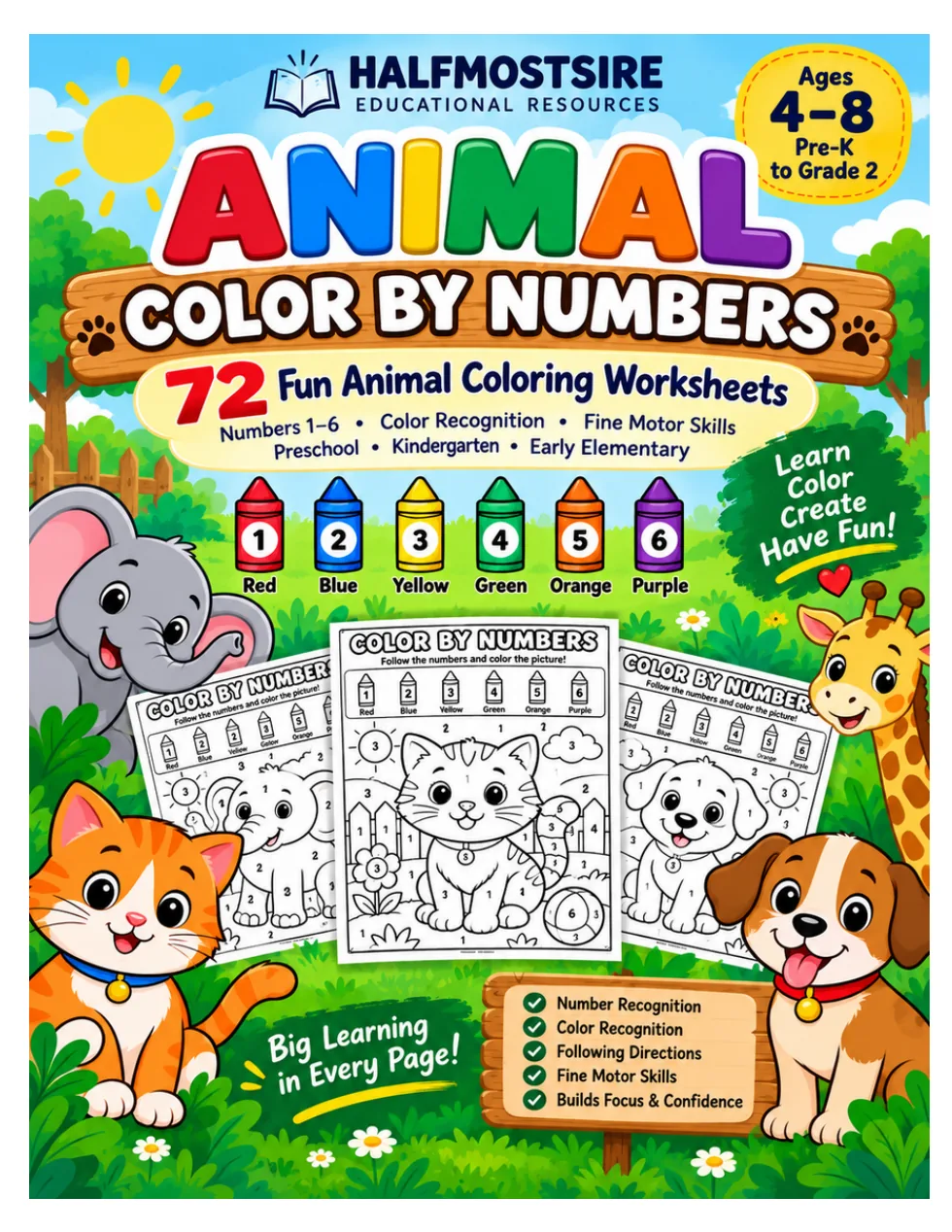 Animal Color by Numbers – 72 Fun Animal Coloring Worksheets