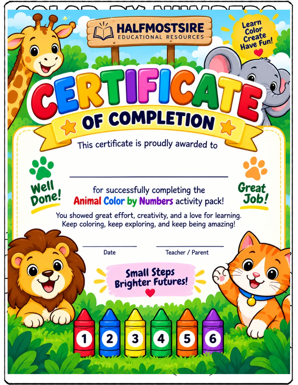 Animal Color by Numbers Certificate of Completion